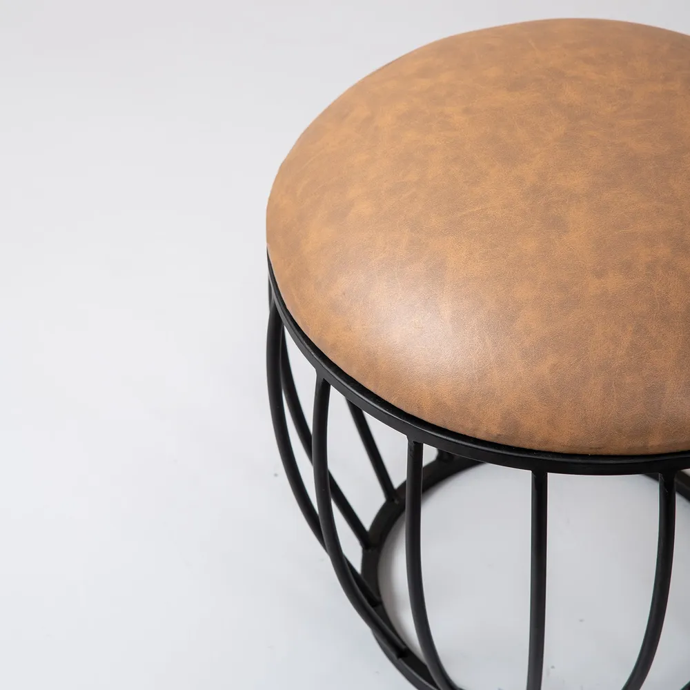 Solid Brown Premium Handmade Leatherette Metal Ottoman Stool