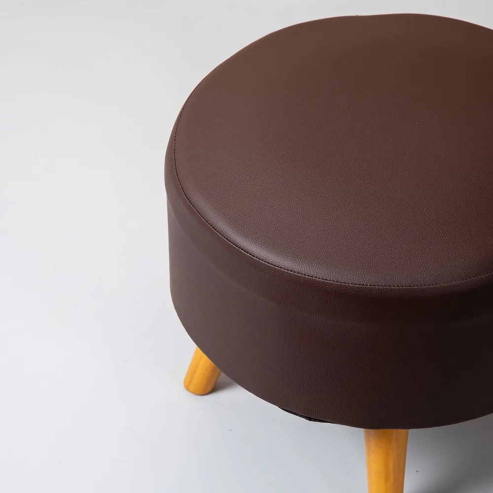 Solid Dark Brown Faux Leather Round Mango Wood Stool