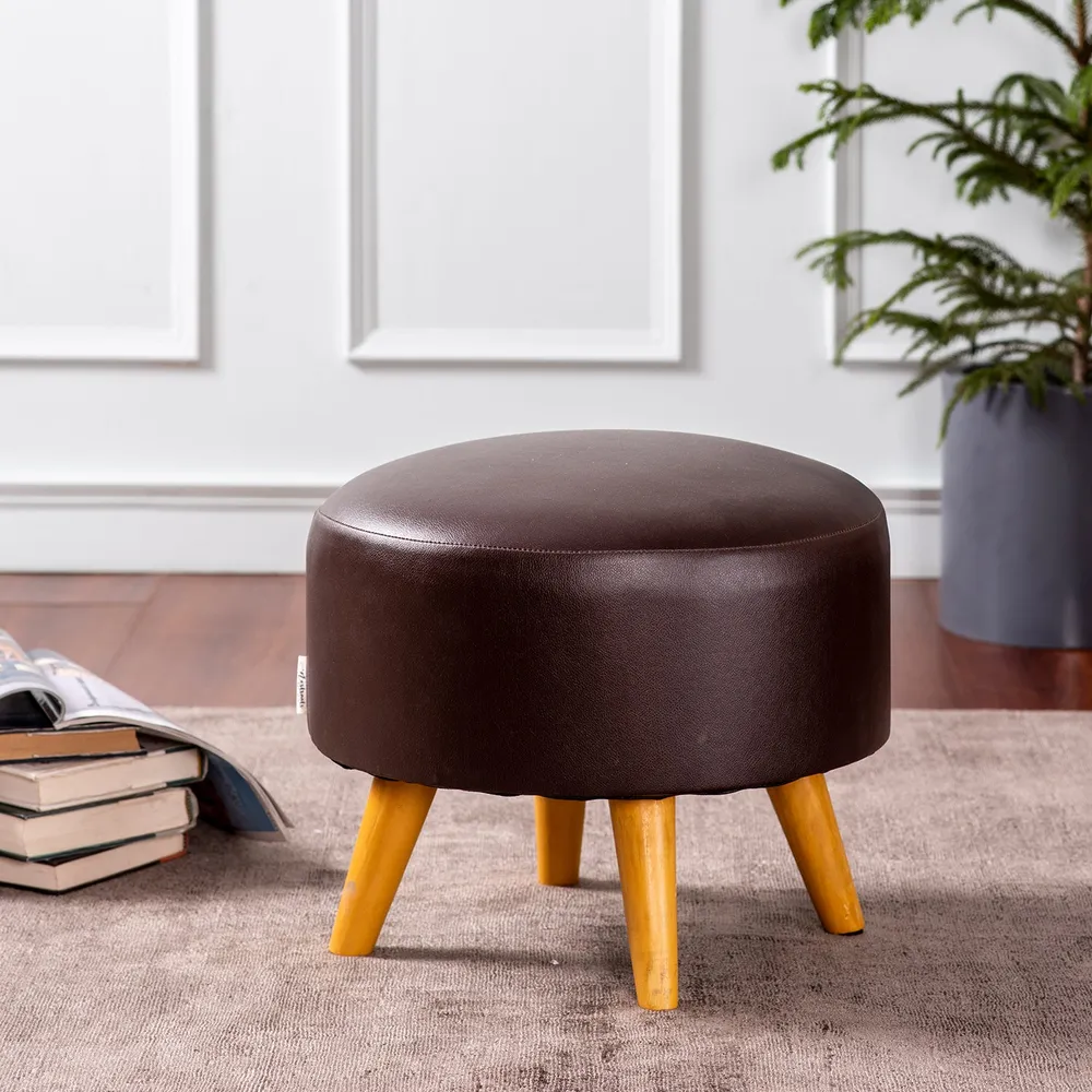 Solid Dark Brown Faux Leather Round Mango Wood Stool
