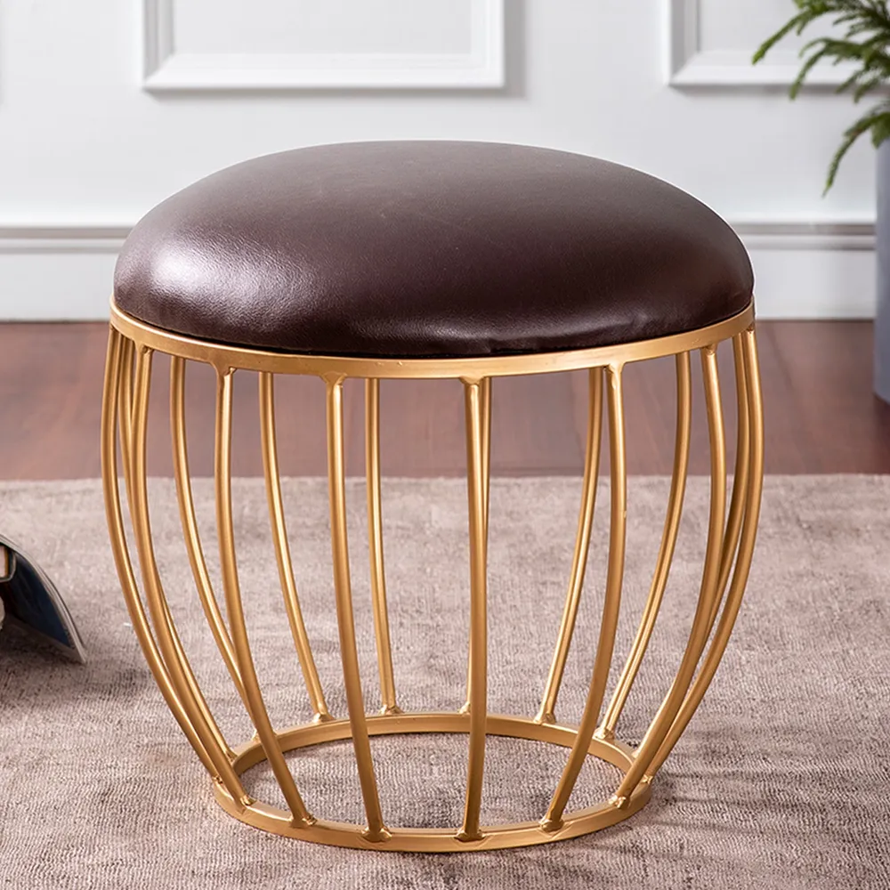 Solid Dark Brown Premium Handmade Leatherette Metal Ottoman Stool