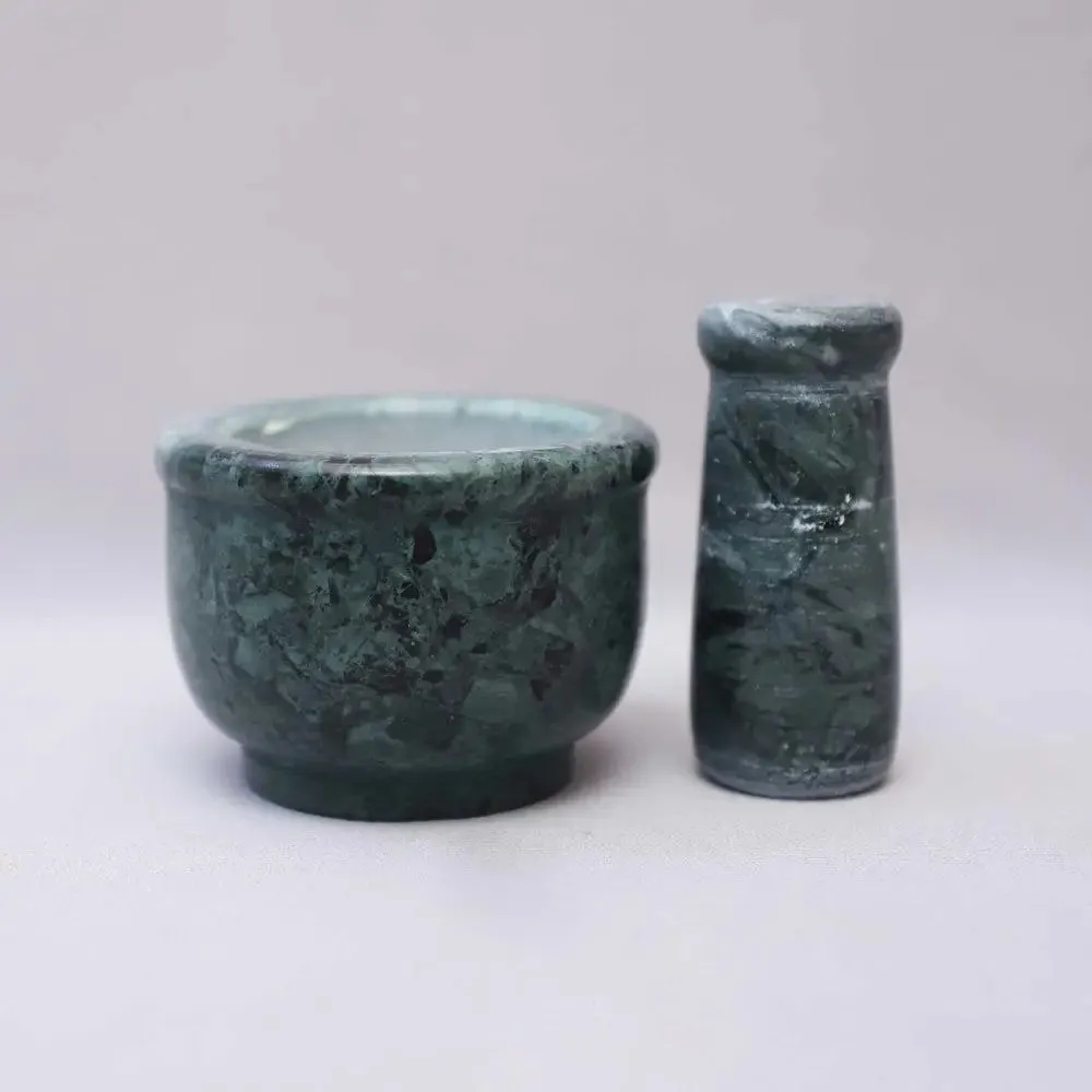 Solid Green Marble Black Mortar and Pestle