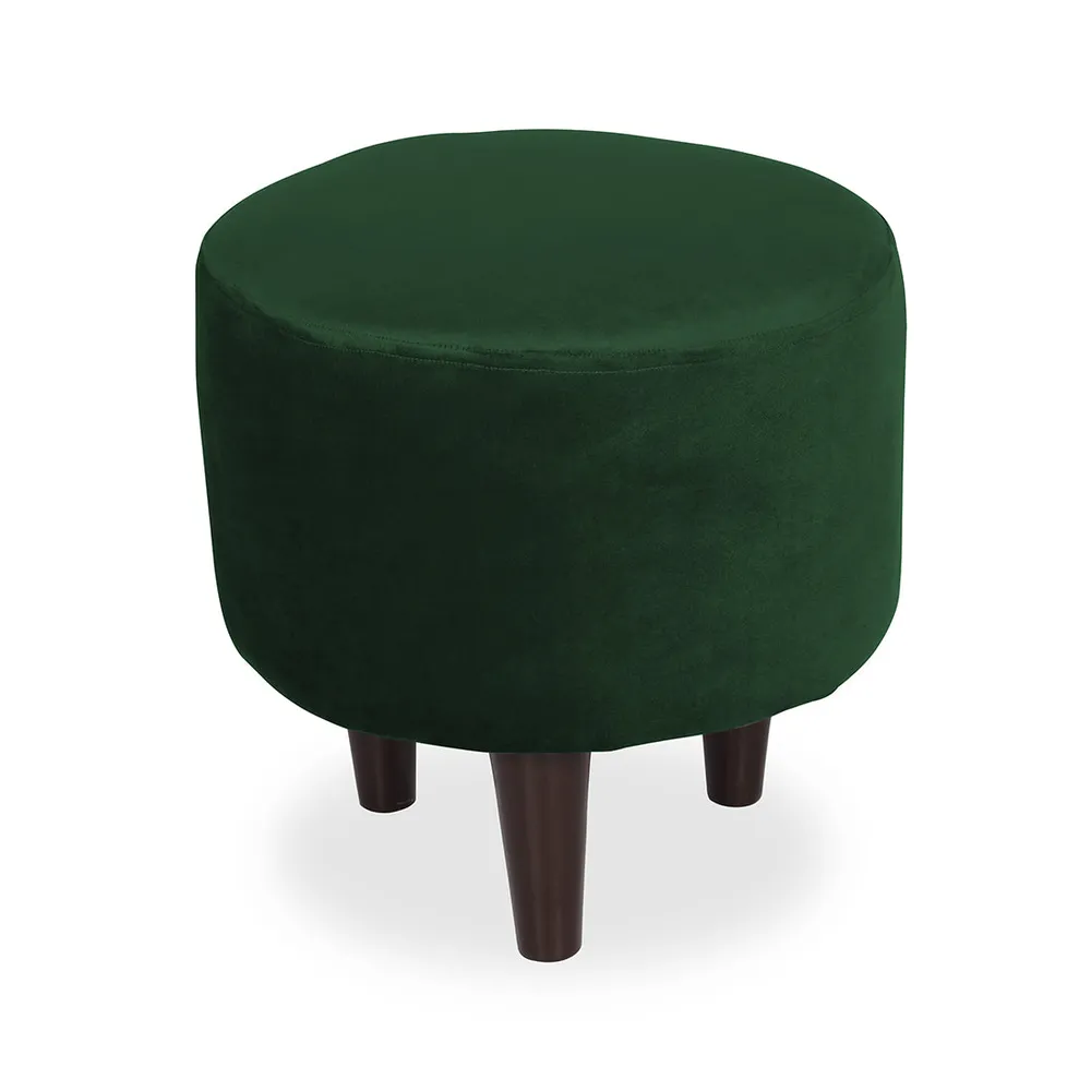 Solid Green Round Ottoman/Pouffe With Wooden Legs