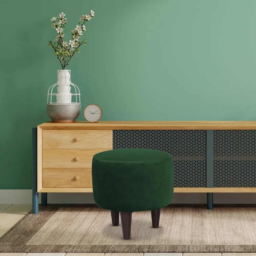 Solid Green Round Ottoman/Pouffe With Wooden Legs