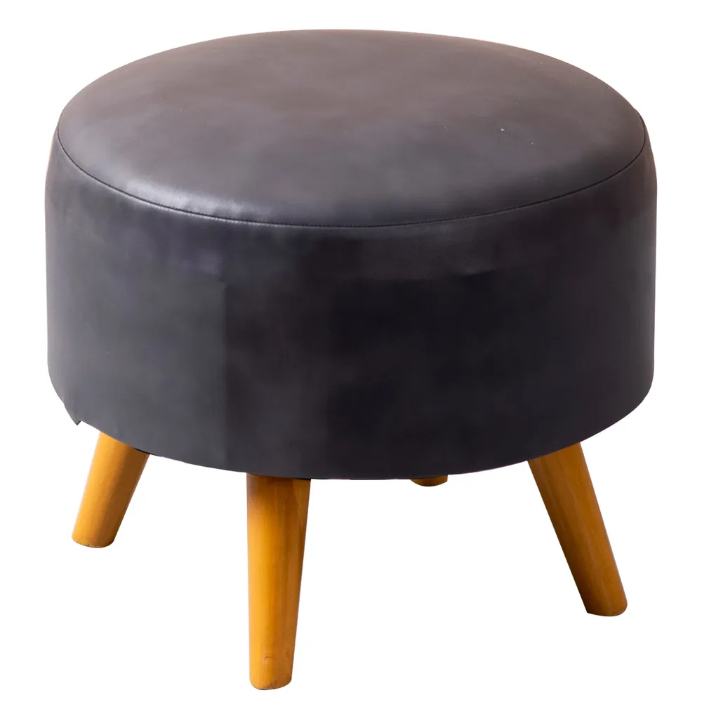 Solid Grey Faux Leather Round Mango Wood Stool