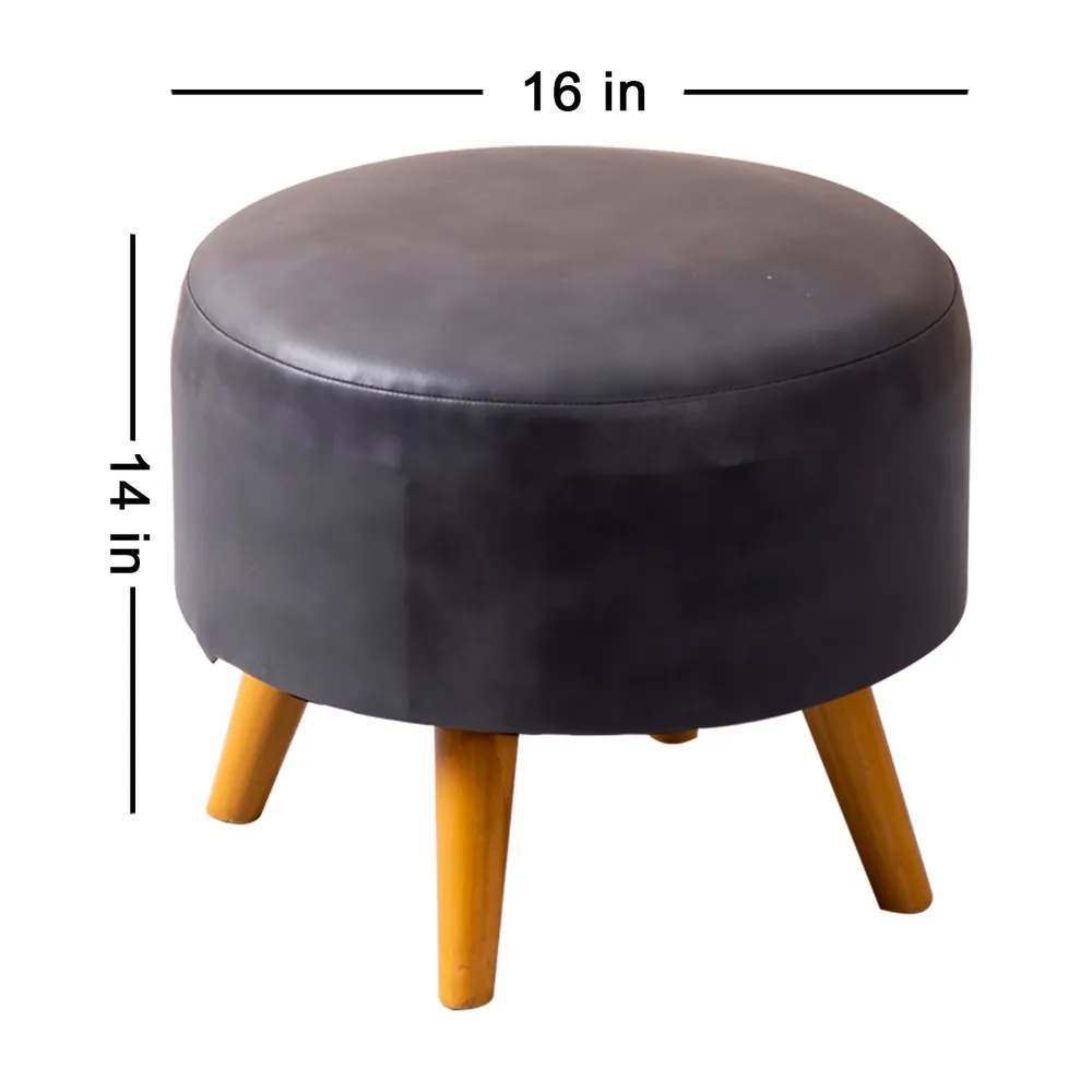 Solid Grey Faux Leather Round Mango Wood Stool