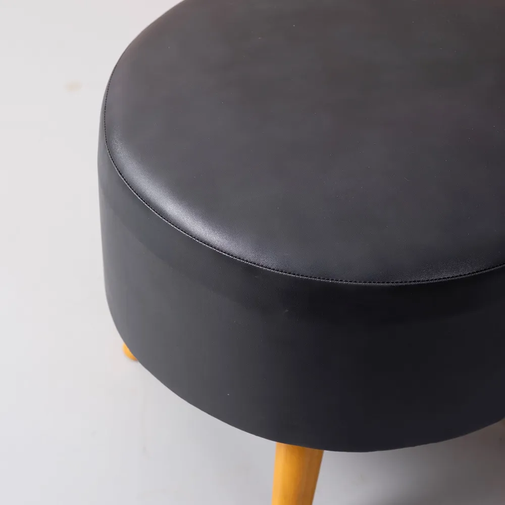 Solid Grey Faux Leather Round Mango Wood Stool