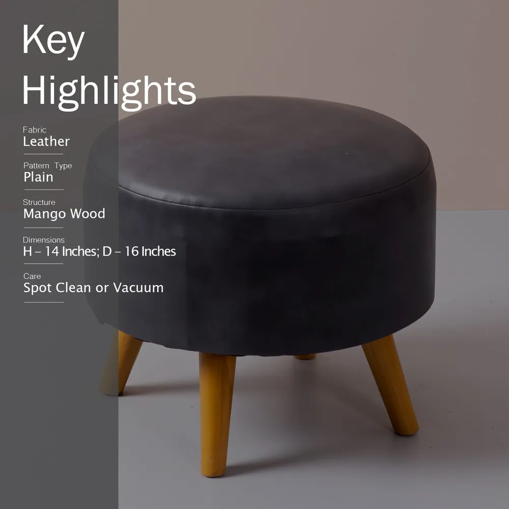 Solid Grey Faux Leather Round Mango Wood Stool