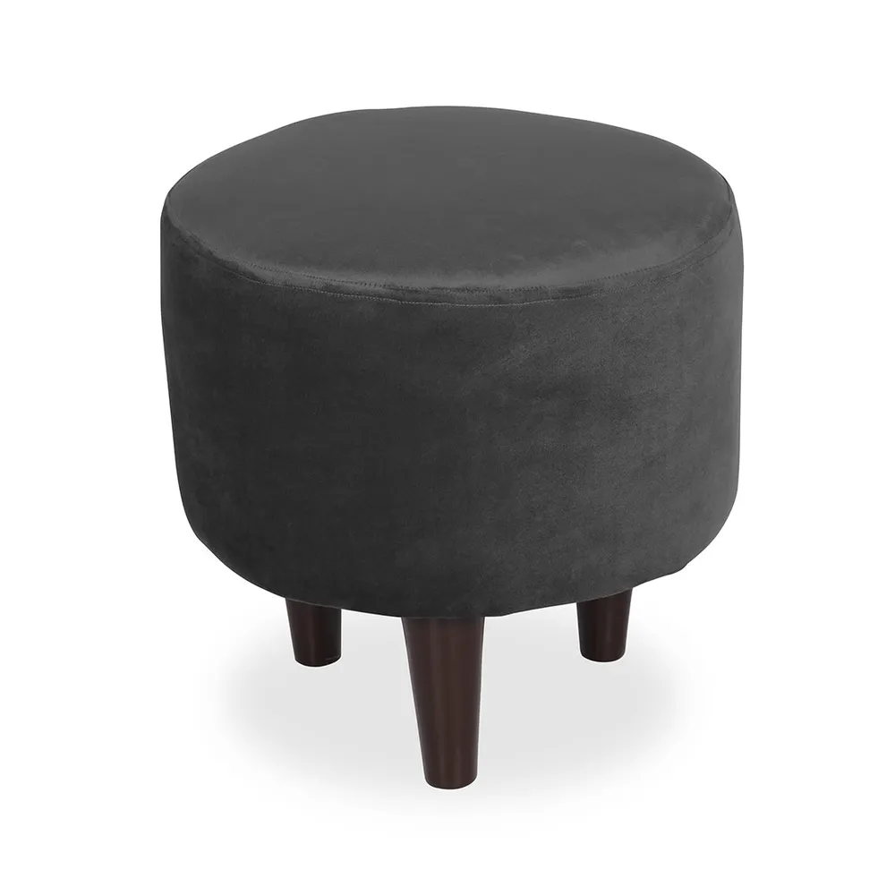 Solid Grey Round Ottoman/Pouffe With Wooden Legs
