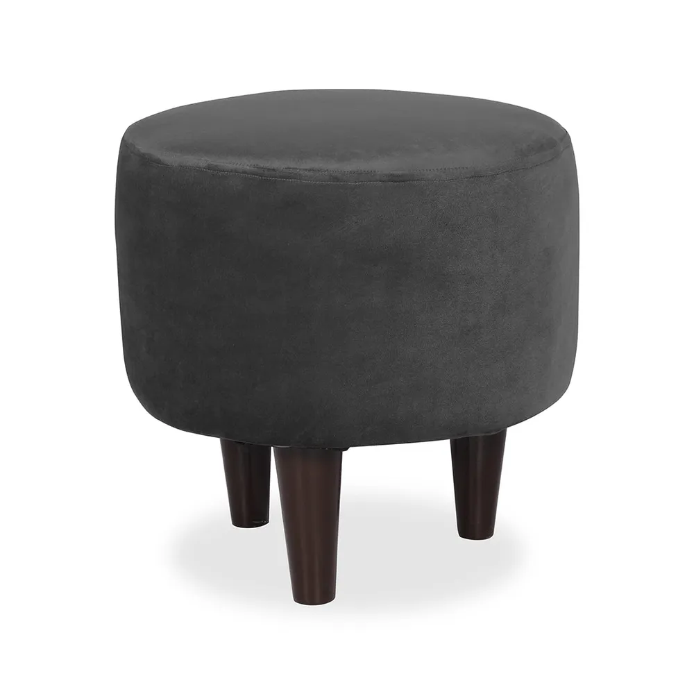Solid Grey Round Ottoman/Pouffe With Wooden Legs