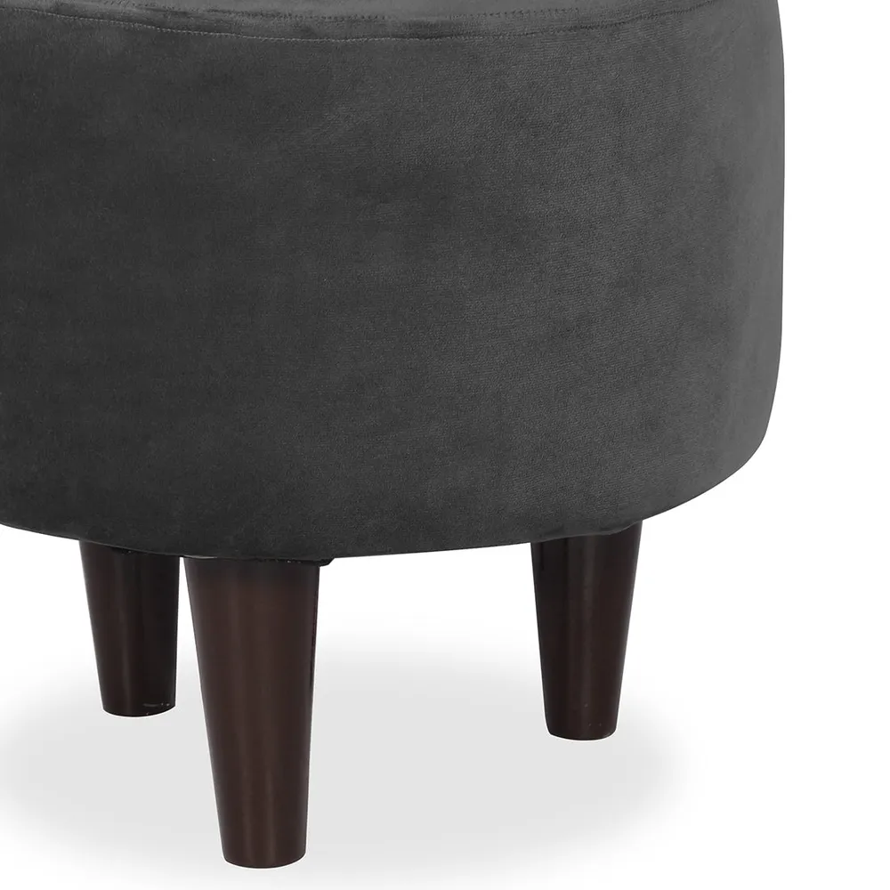 Solid Grey Round Ottoman/Pouffe With Wooden Legs