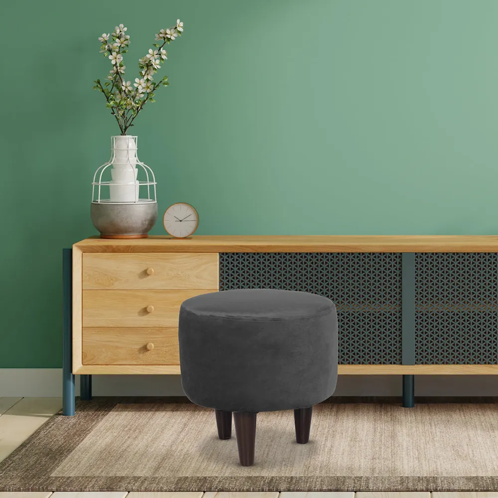 Solid Grey Round Ottoman/Pouffe With Wooden Legs