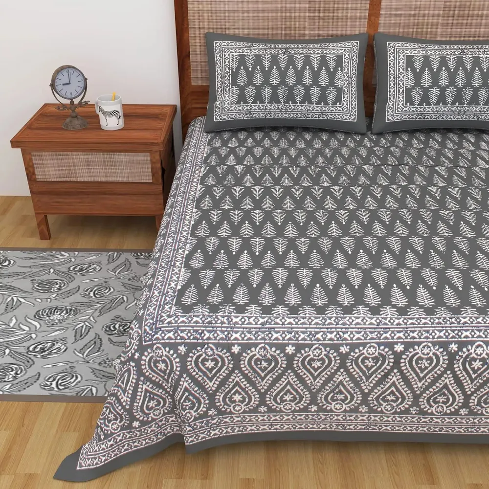 Solid Grey & White 144 TC Cotton Double Bedsheet with Pillow Covers