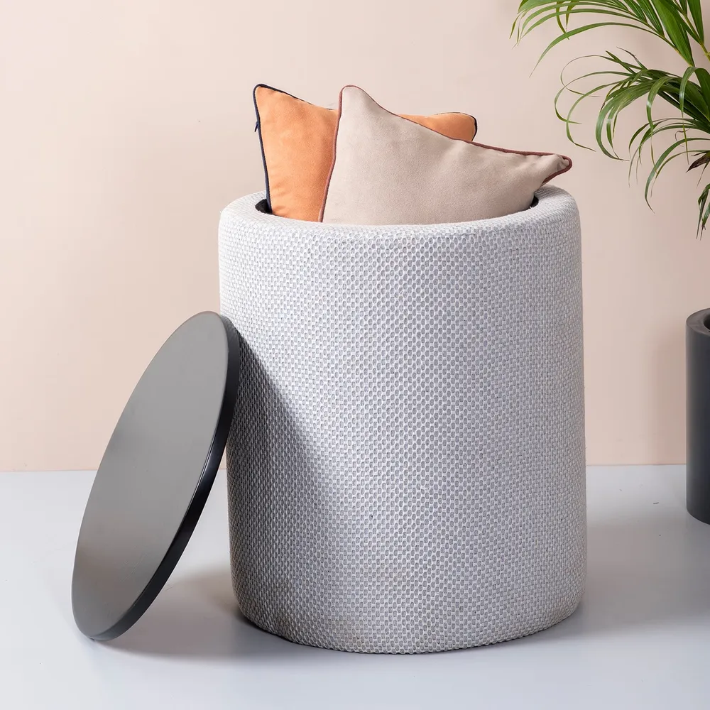 Solid Ice Blue Round Storage Ottoman Wood Stool