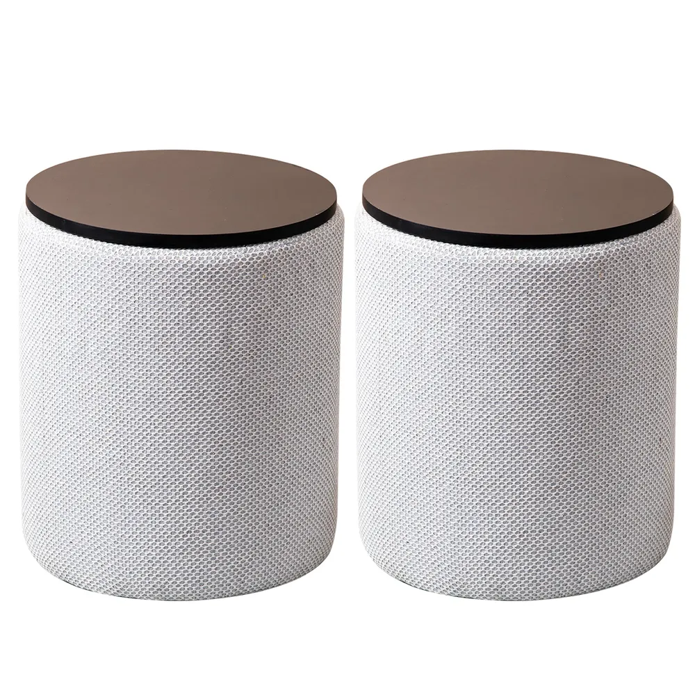 Solid Ice Blue Round Storage Ottoman Wood Stool Set Of 2