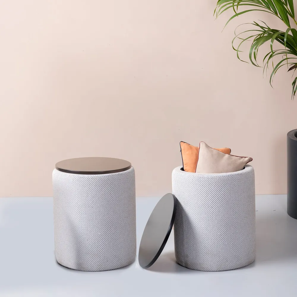 Solid Ice Blue Round Storage Ottoman Wood Stool Set Of 2