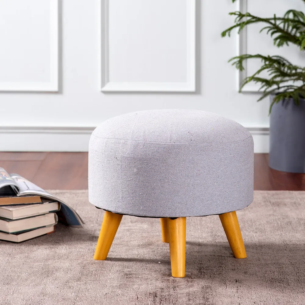 Solid Ice Blue Round Upholstered Ottoman Wood Stool