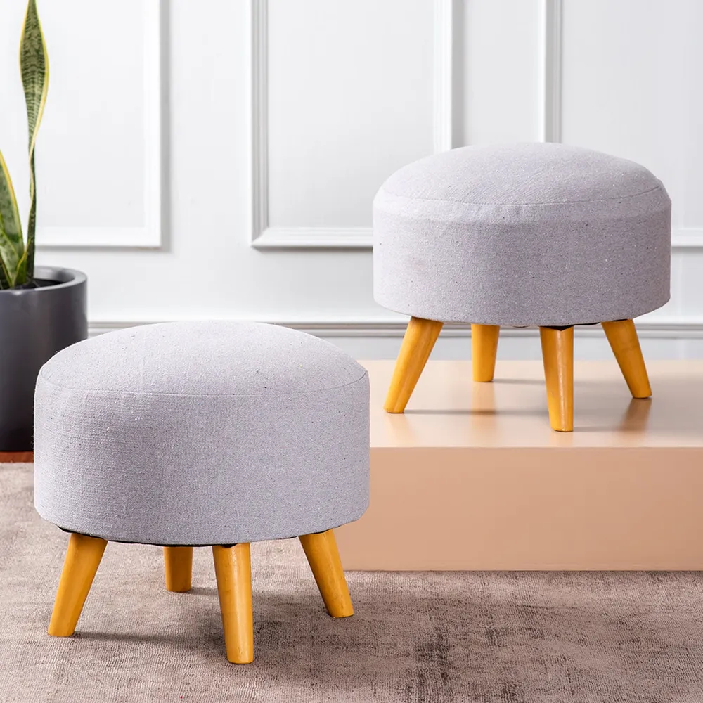 Solid Ice Blue Round Upholstered Wood Stool Set Of 2