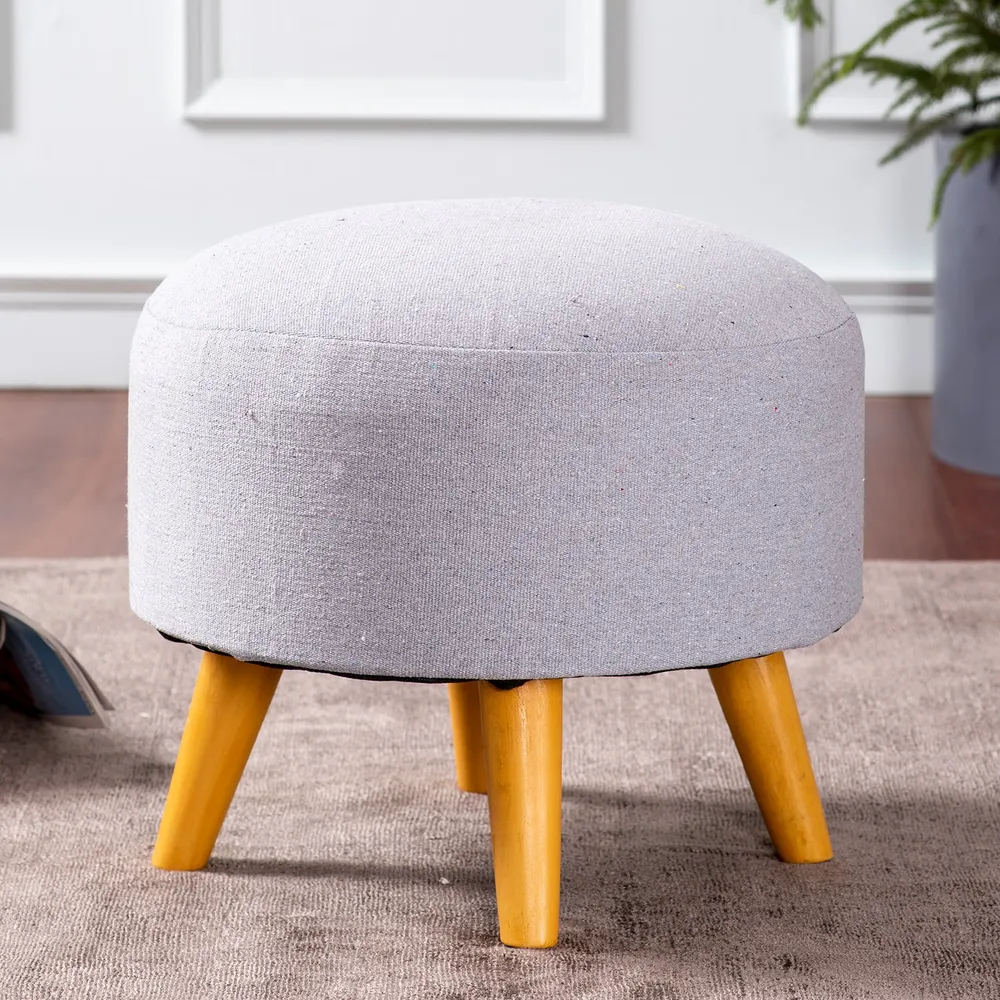 Solid Ice Blue Round Upholstered Wood Stool Set Of 2