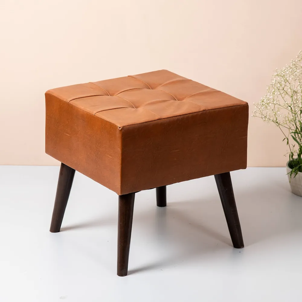Solid Leatherette Upholstered Ottoman Wood Stool