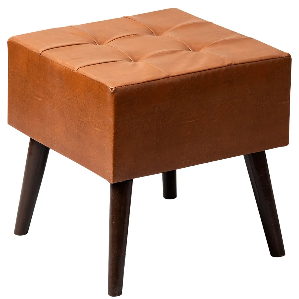 Solid Leatherette Upholstered Ottoman Wood Stool