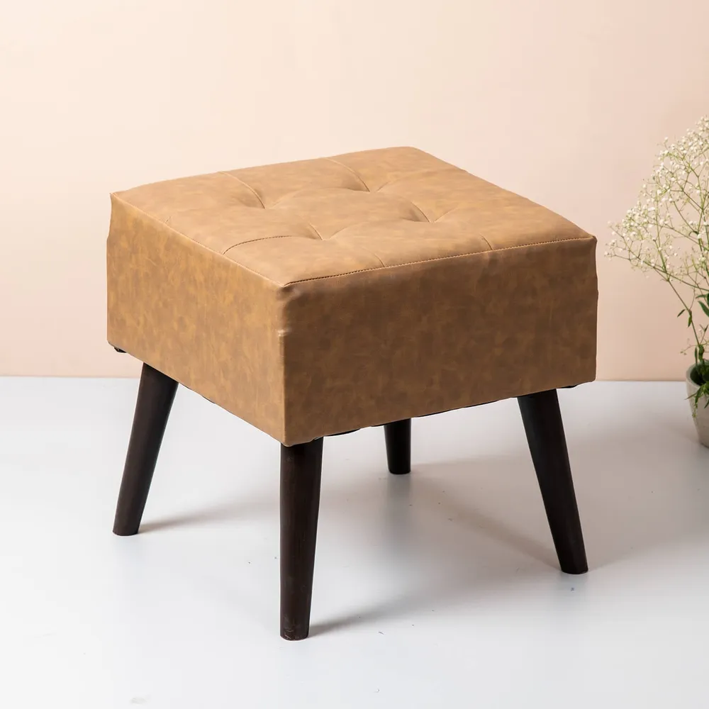 Solid Leatherette Upholstered Ottoman Wood Stool