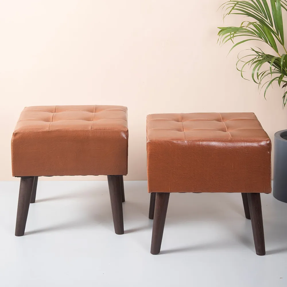 Solid Leatherette Upholstered Ottoman Wood Stool