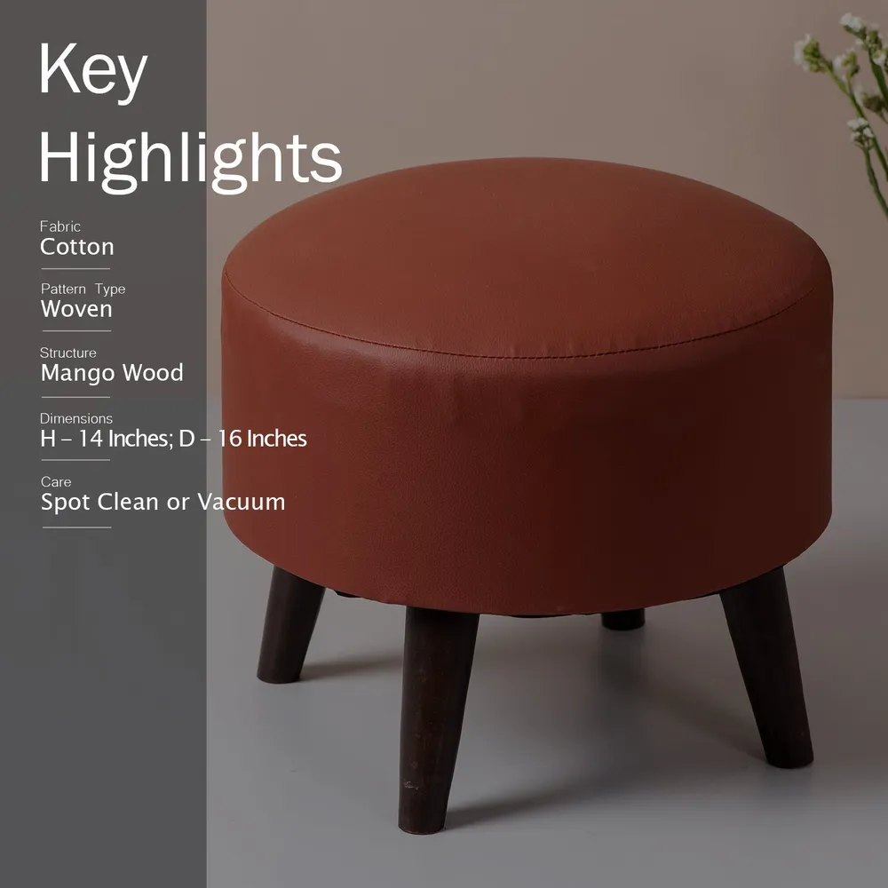 Solid Maroon Faux Leather Round Mango Ottoman Wood Stool