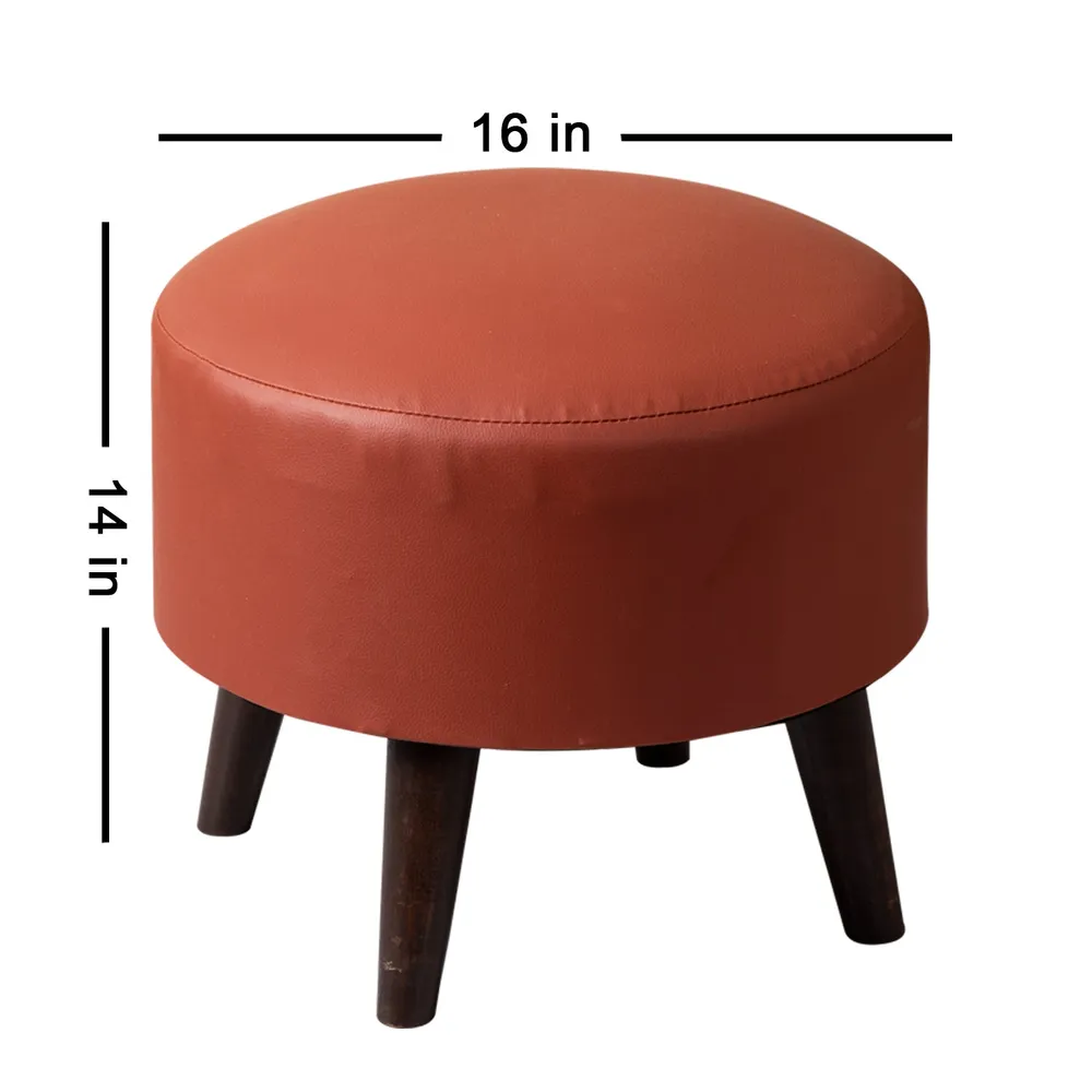 Solid Maroon Faux Leather Round Mango Ottoman Wood Stool