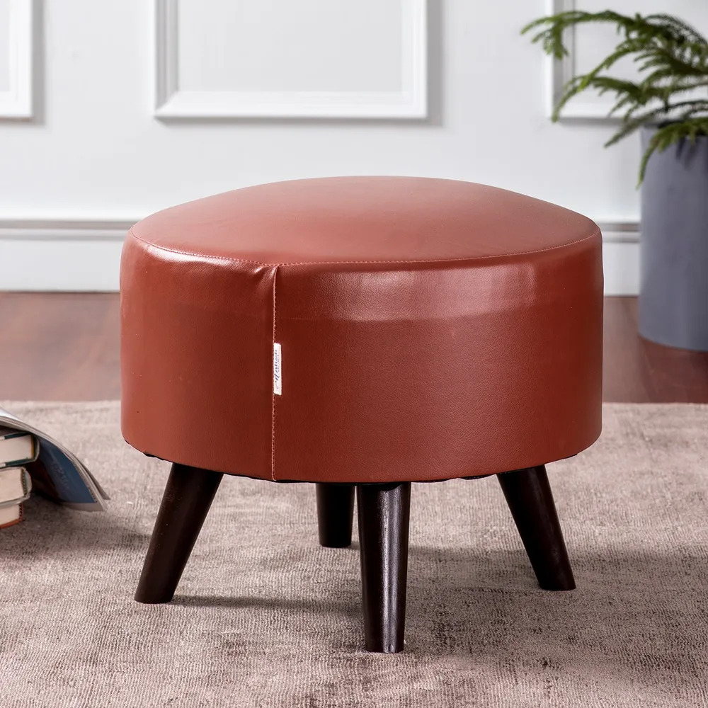 Solid Maroon Faux Leather Round Mango Ottoman Wood Stool