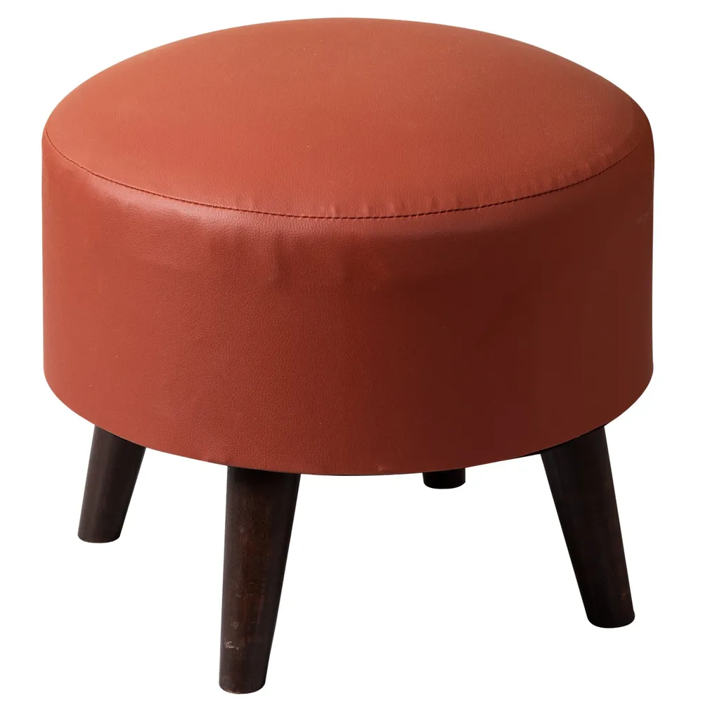Solid Maroon Faux Leather Round Mango Ottoman Wood Stool