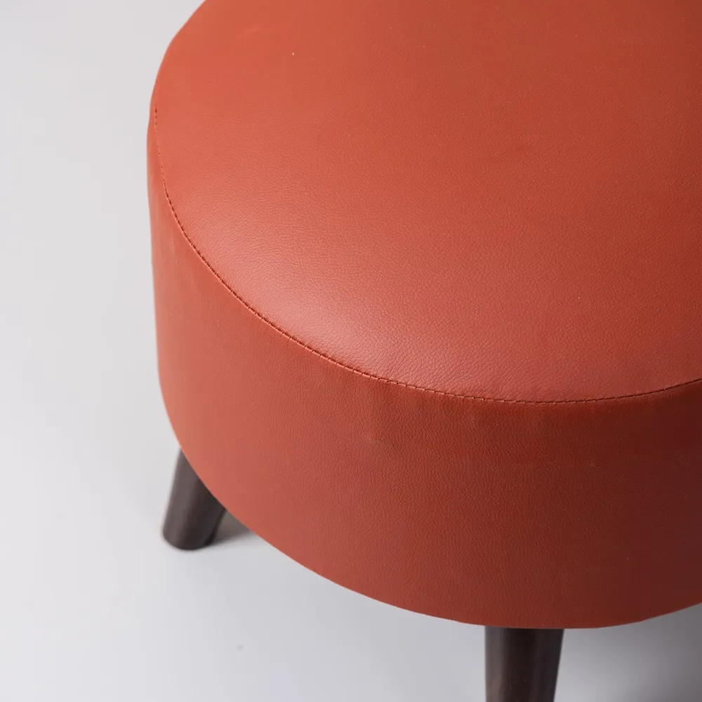 Solid Maroon Faux Leather Round Mango Ottoman Wood Stool
