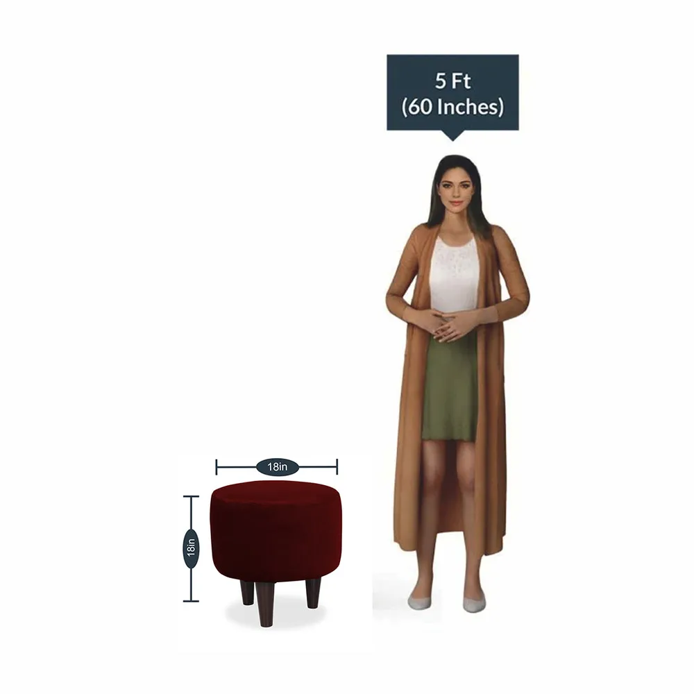 Solid Maroon Round Ottoman/Pouffe With Wooden Legs