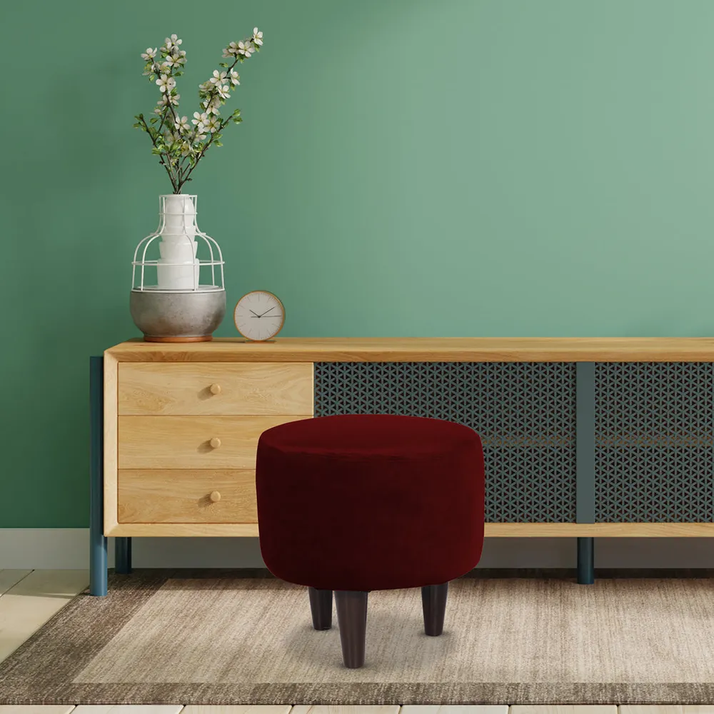 Solid Maroon Round Ottoman/Pouffe With Wooden Legs