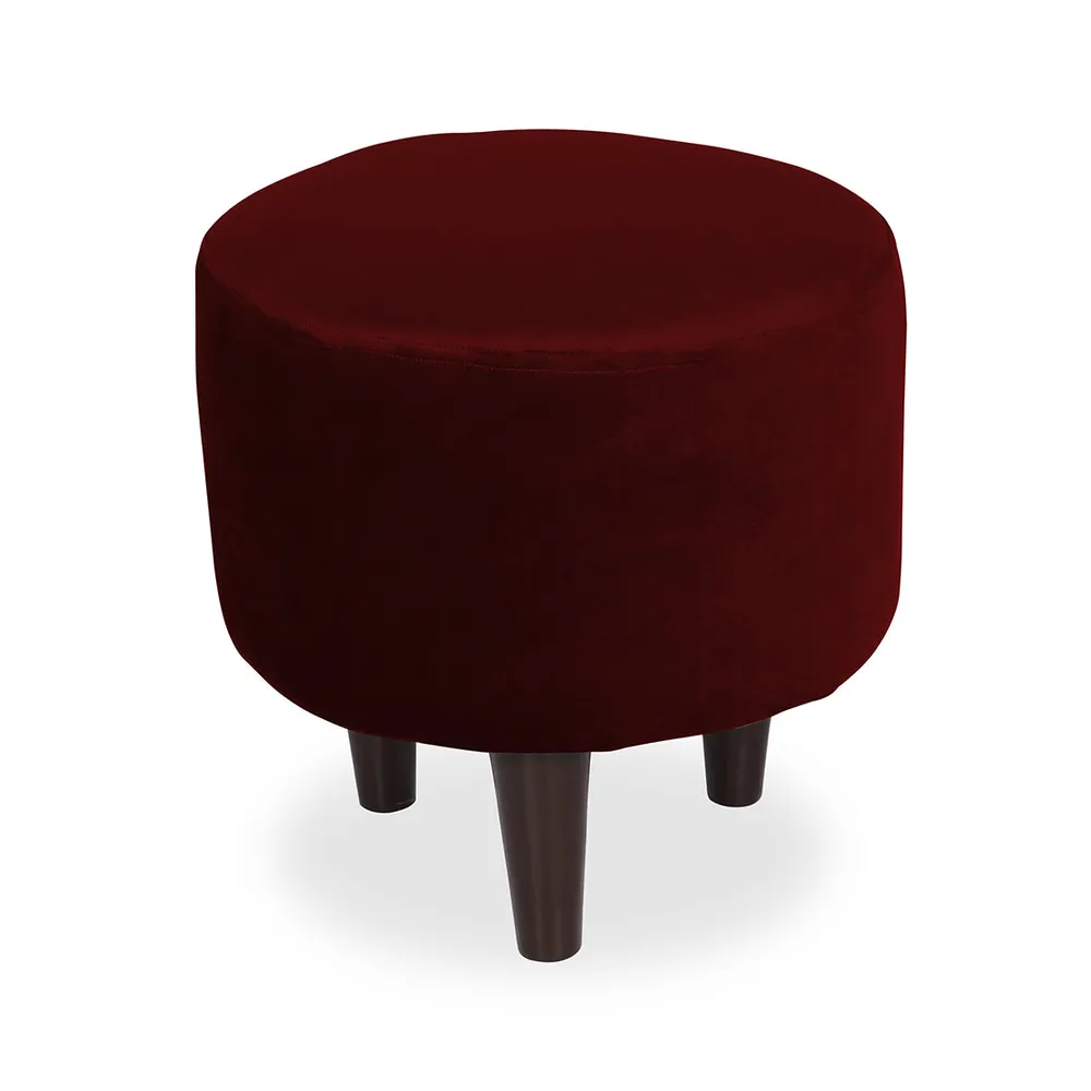 Solid Maroon Round Ottoman/Pouffe With Wooden Legs