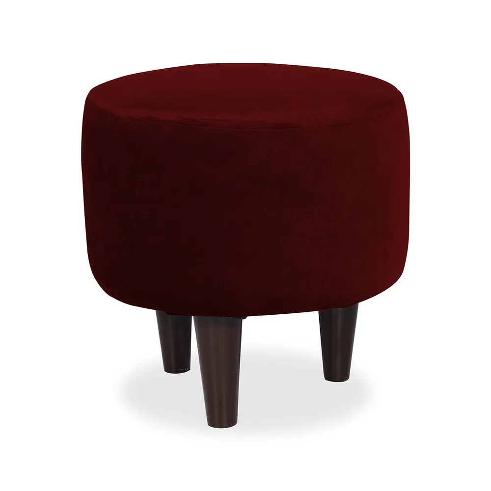 Solid Maroon Round Ottoman/Pouffe With Wooden Legs
