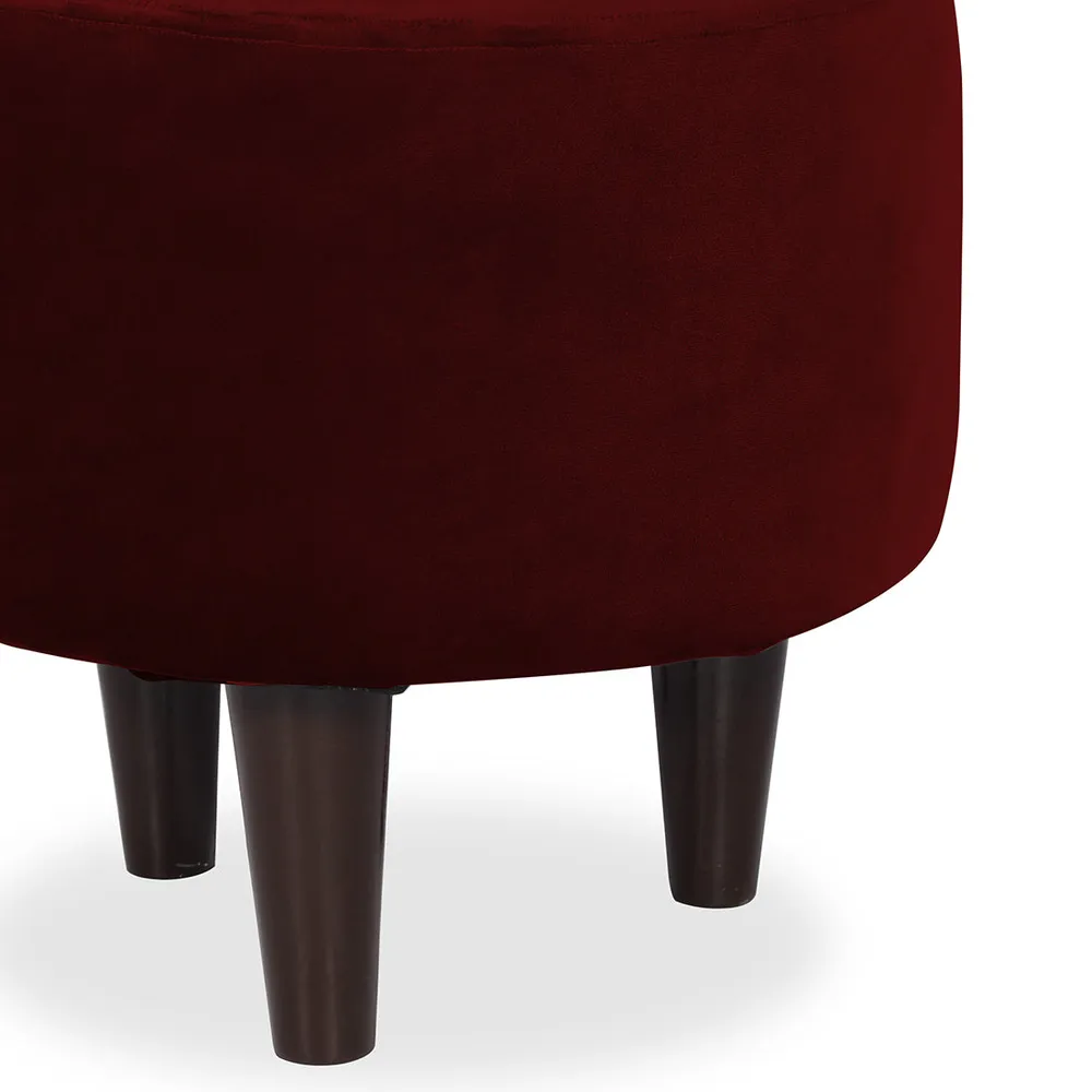 Solid Maroon Round Ottoman/Pouffe With Wooden Legs