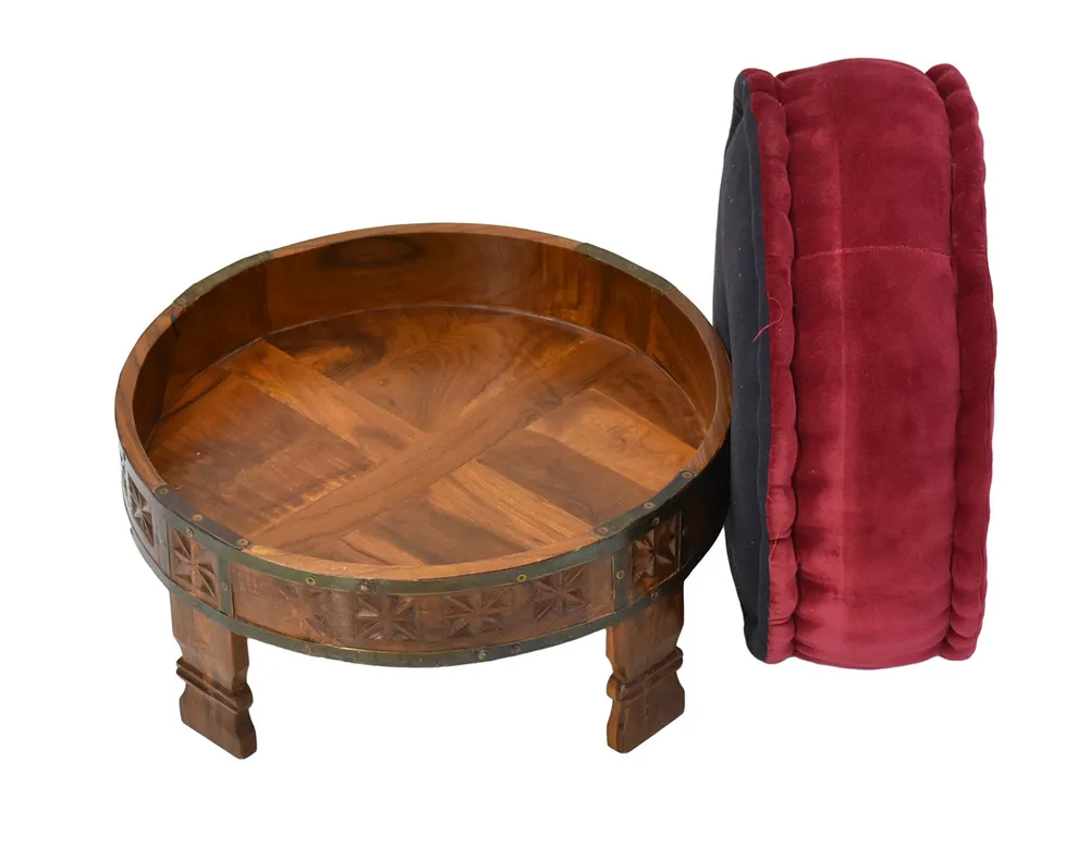 Solid Maroon Upholstered Carved Natural Brown Wooden Ottoman Single Piece