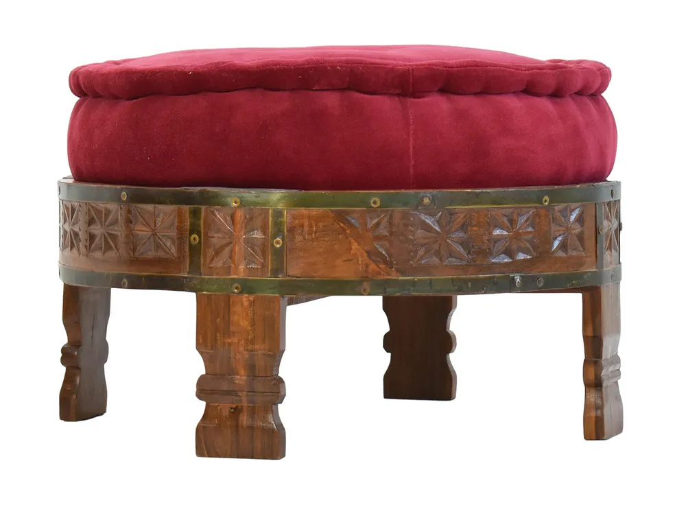 Solid Maroon Upholstered Carved Natural Brown Wooden Ottoman Single Piece