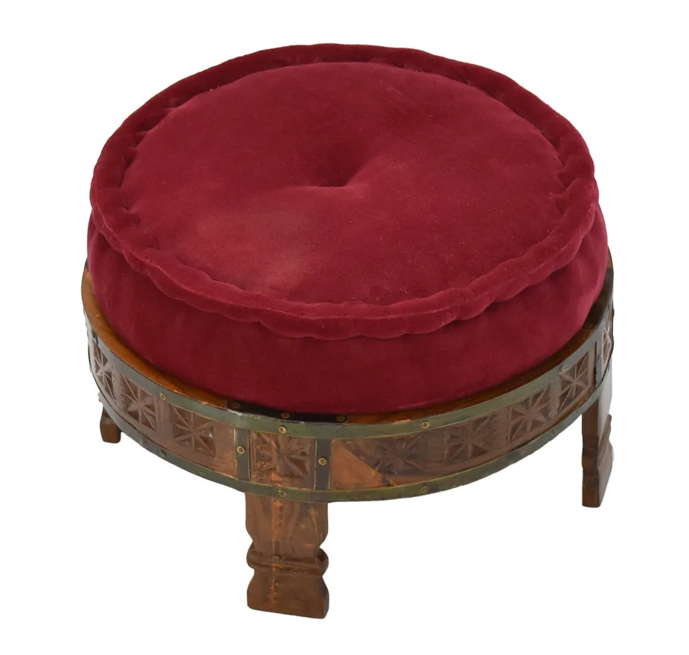 Solid Maroon Upholstered Carved Natural Brown Wooden Ottoman Single Piece