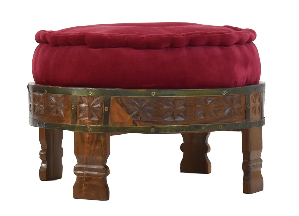 Solid Maroon Upholstered Carved Natural Brown Wooden Ottoman Single Piece