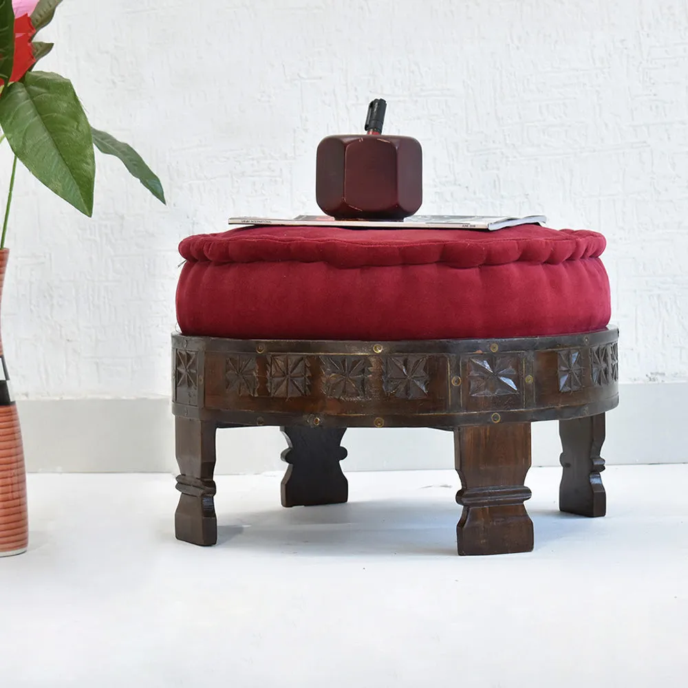 Solid Maroon Upholstered Carved Wooden Ottoman Single Piece