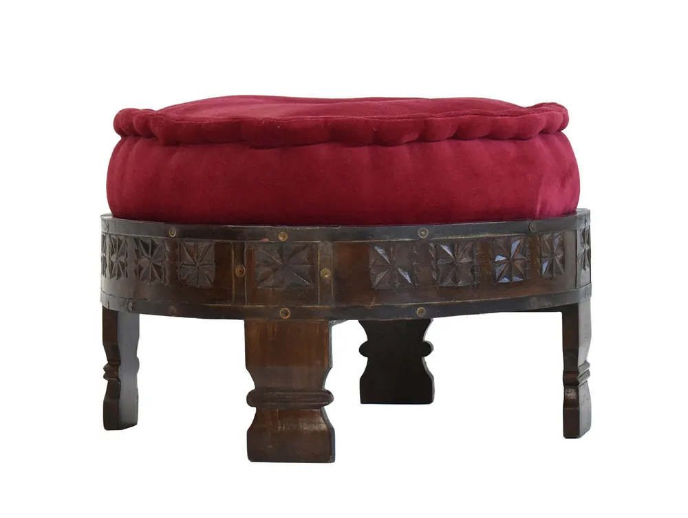 Solid Maroon Upholstered Carved Wooden Ottoman Single Piece
