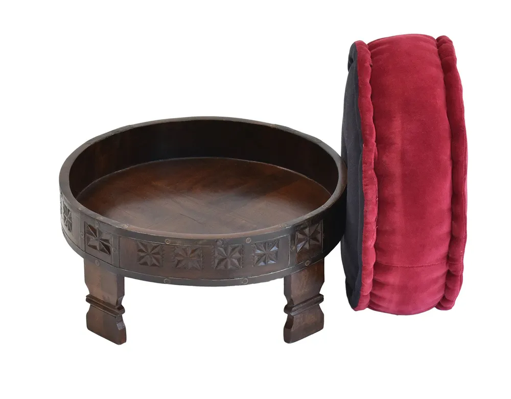 Solid Maroon Upholstered Carved Wooden Ottoman Single Piece