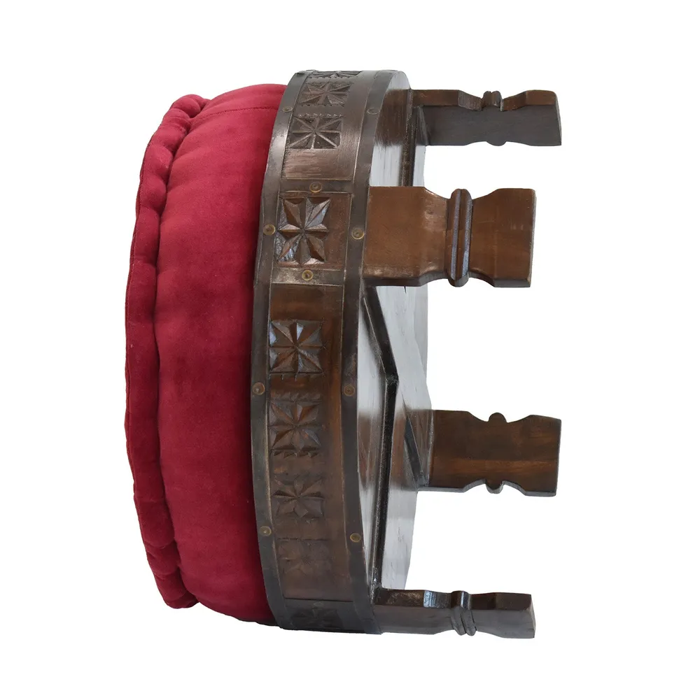Solid Maroon Upholstered Carved Wooden Ottoman Single Piece