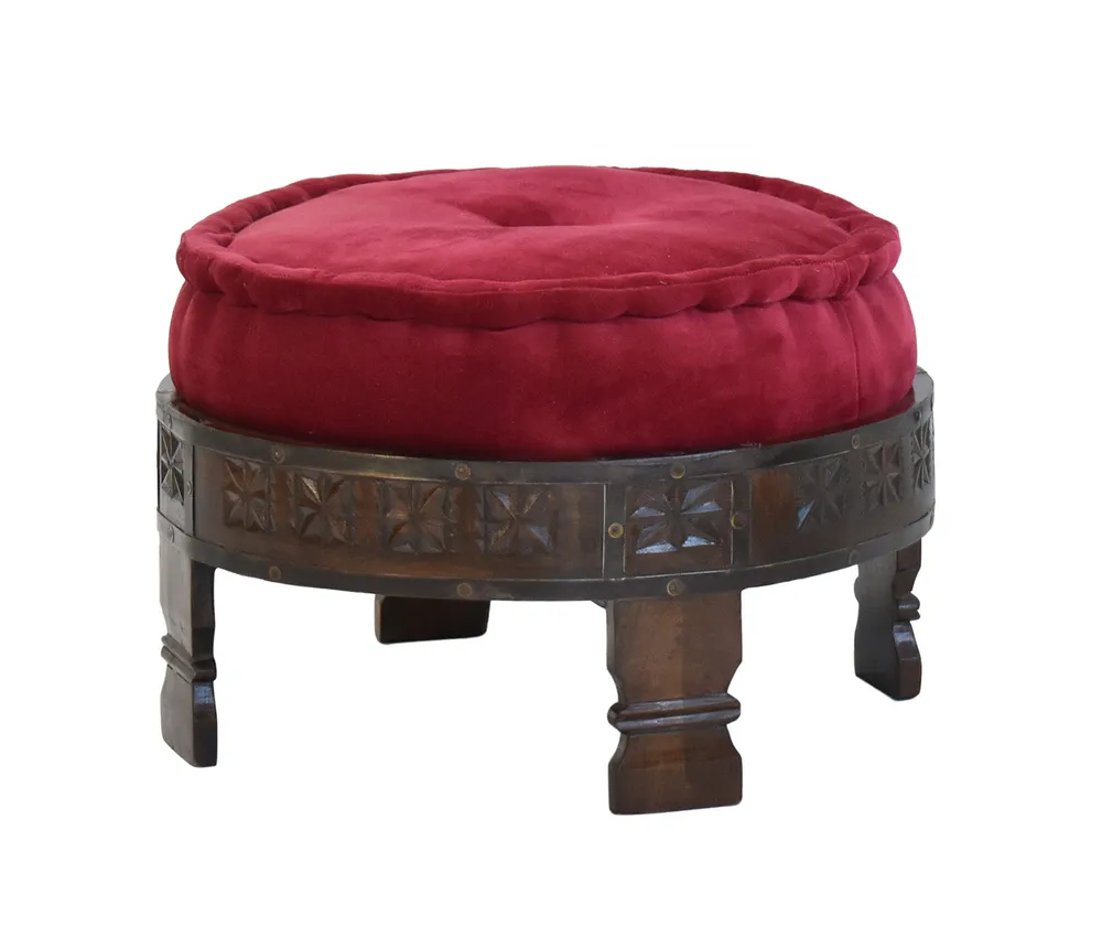Solid Maroon Upholstered Carved Wooden Ottoman Single Piece