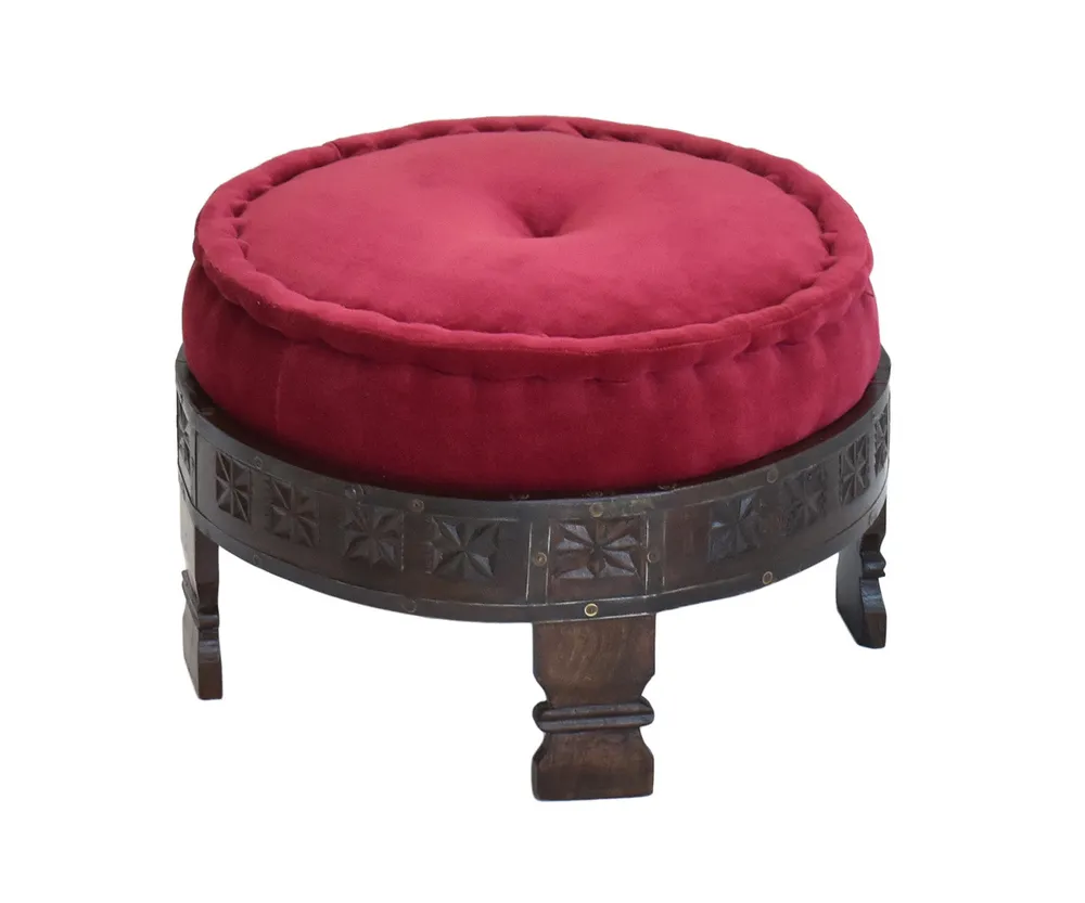 Solid Maroon Upholstered Carved Wooden Ottoman Single Piece