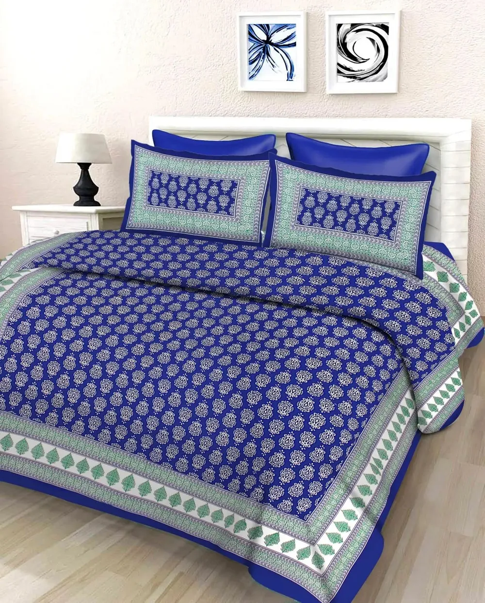 Solid Navy Blue & White 144 TC Cotton Double Bedsheet with Pillow Covers