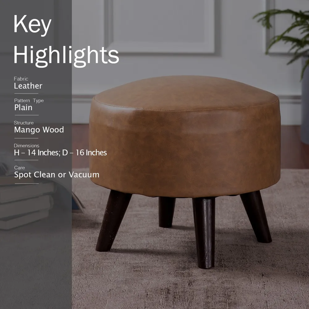 Solid Original Leather Colored Faux Leather Round Mango Wood Stool