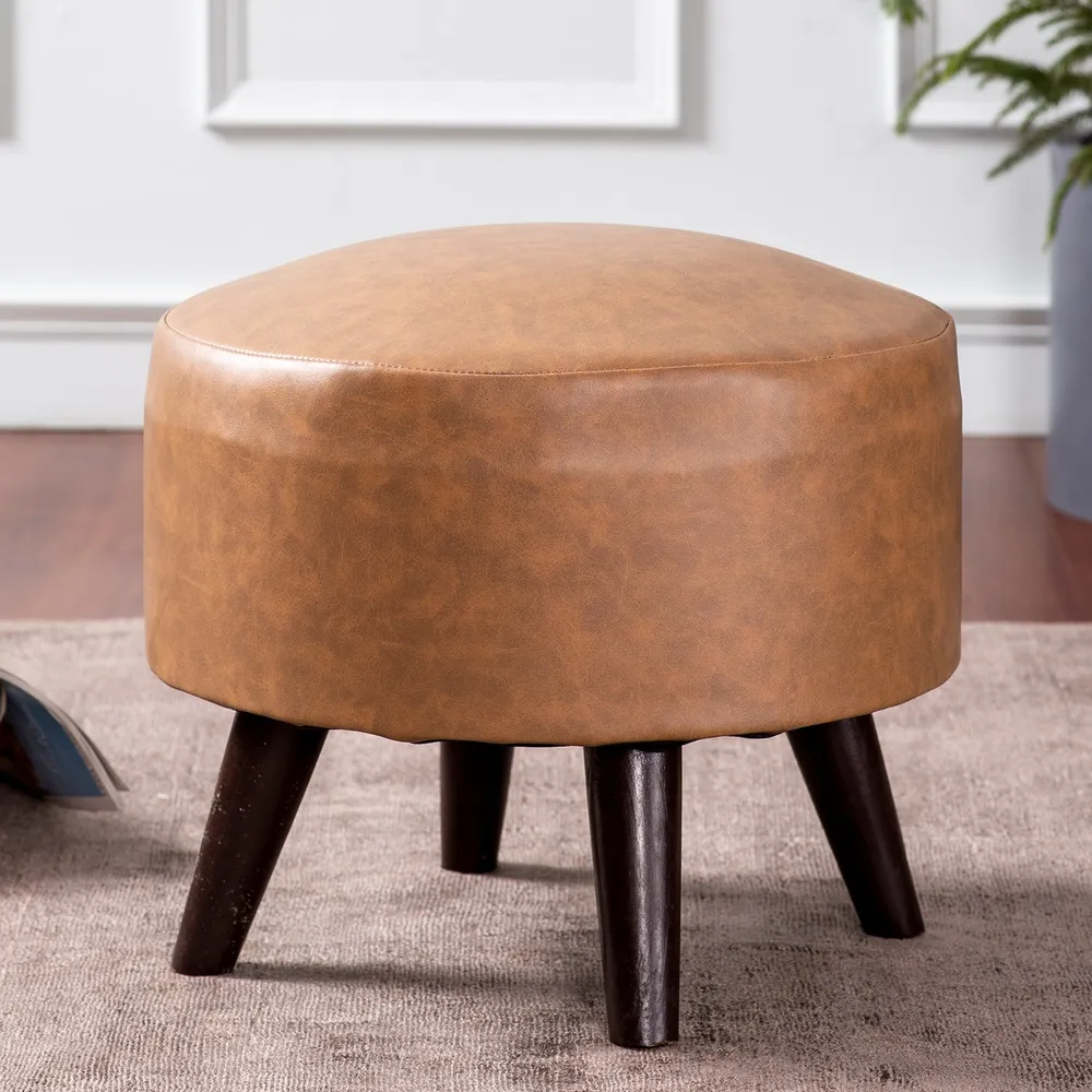 Solid Original Leather Colored Faux Leather Round Mango Wood Stool