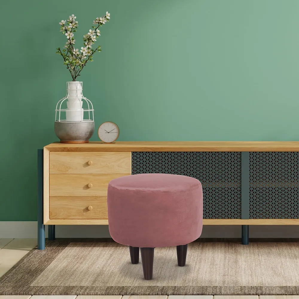 Solid Pink Round Ottoman/Pouffe With Wooden Legs